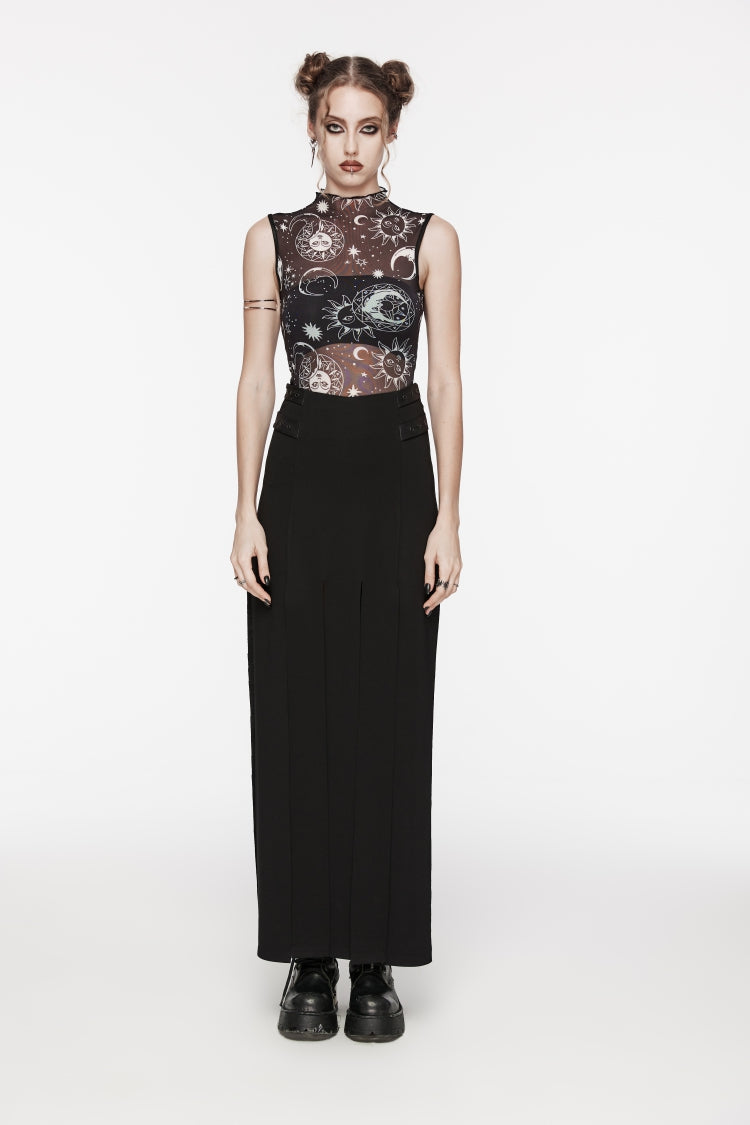 Black Sleeveless Printed Mesh Eyelet Women's Gothic Top - Black - 1