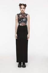 Black Sleeveless Printed Mesh Eyelet Women's Gothic Top - Black - 1
