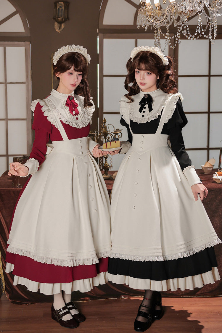 [Miss Lita] Stand Collar Long Lantern Sleeves Triple-Layered Ruffled Classic Elegant Maid Lolita Dress 2 Colors (Red, Black) - Product - 2