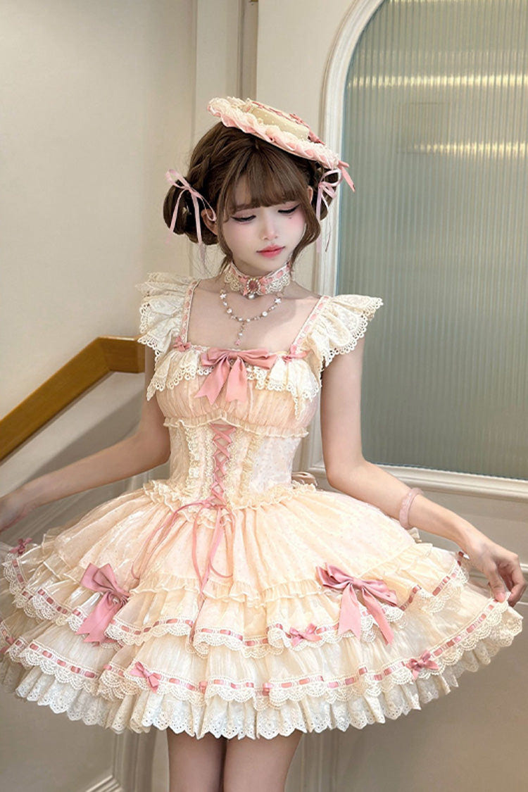 アプリコット [Flory Butterfly] 二層 フリル リボン レース レースアップ スウィート バレエ ロリータ ジャンパースカート（JSK） 商品画像