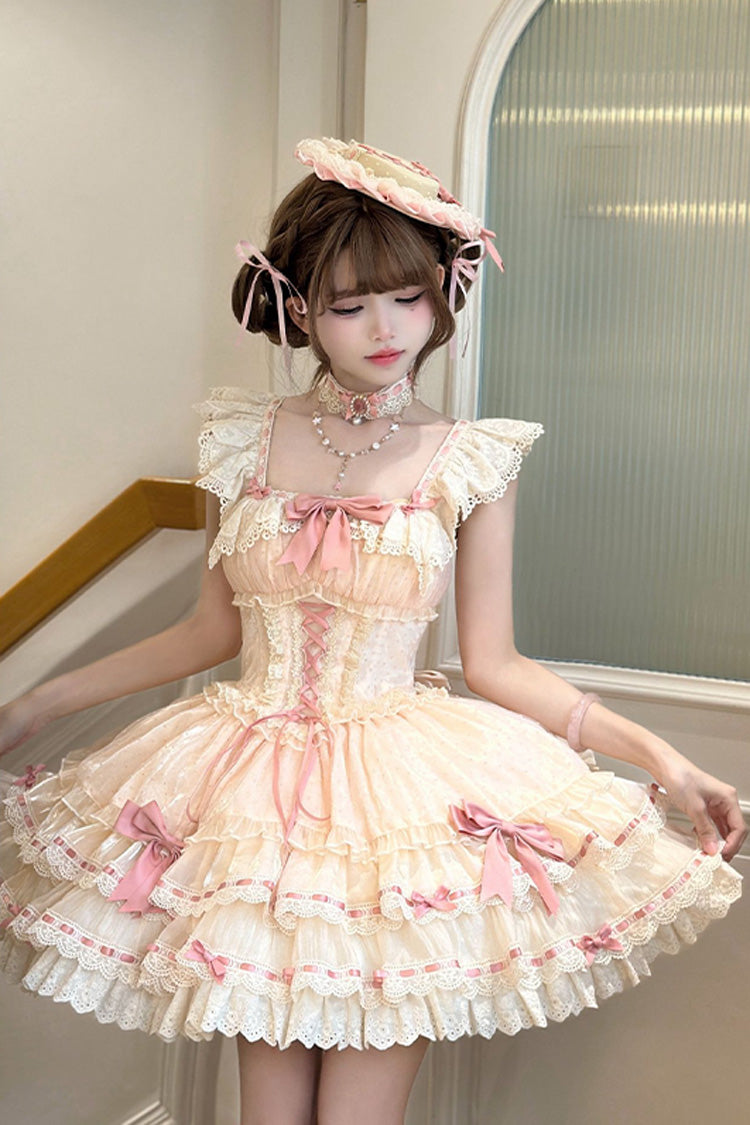 Apricot [Flory Butterfly] Double-Layered Ruffle Bowknot Lace Lace-Up Sweet Ballet Lolita Jsk Dress - Product - 4