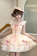 Apricot [Flory Butterfly] Double-Layered Ruffle Bowknot Lace Lace-Up Sweet Ballet Lolita Jsk Dress - Product - 4