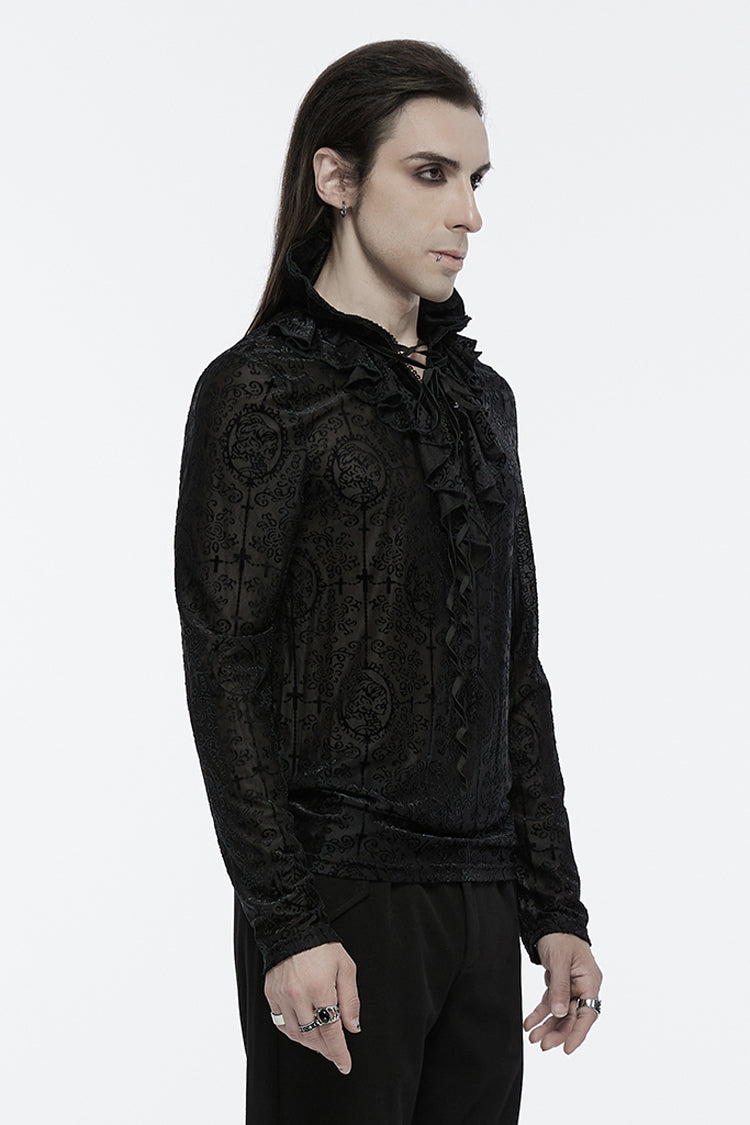 Black Stand Collar Long Sleeves Print Ruffle Men's Gothic Blouse - Product - 2