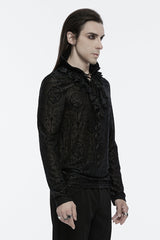 Black Stand Collar Long Sleeves Print Ruffle Men's Gothic Blouse - Product - 2