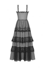 Black Sleeveless Hearted Multi-Layered Lace Split Sheer Mesh Women's Gothic Maxi Slip Dress - Product - 10