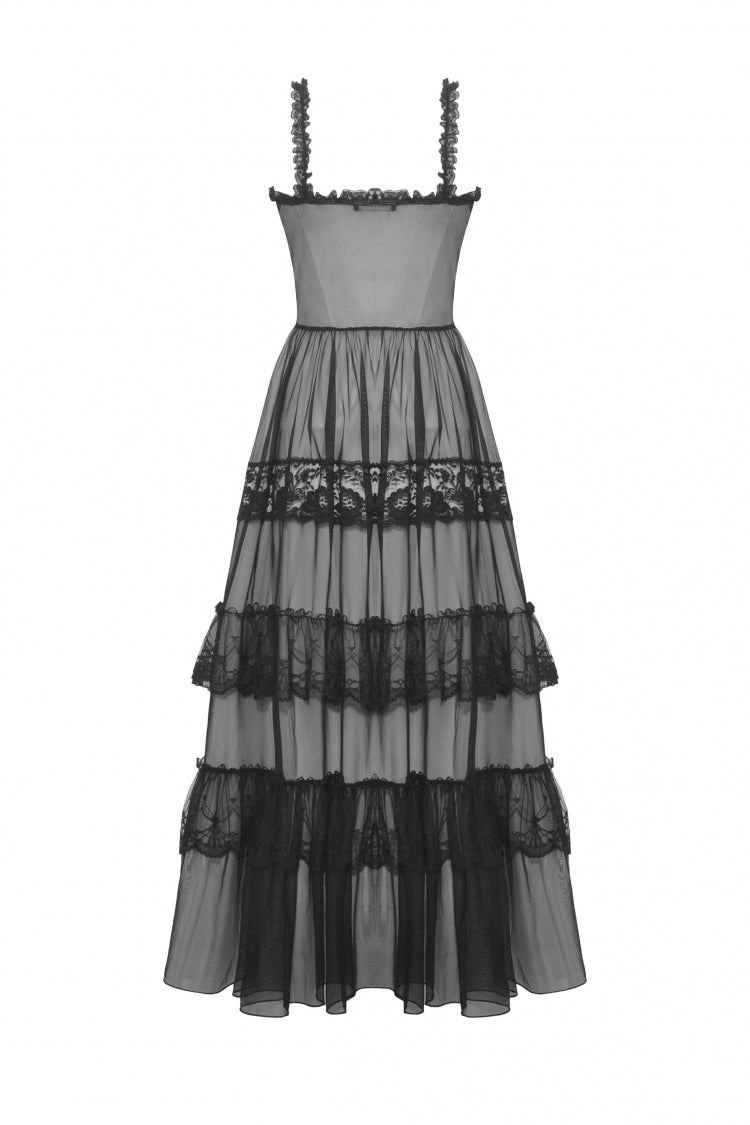 Black Sleeveless Hearted Multi-Layered Lace Split Sheer Mesh Women's Gothic Maxi Slip Dress - Product - 10