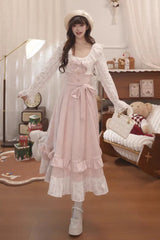Pink [Sakura Milk Cake] Long Sleeves Double-Layered Bow Lace Sweet Princess Lolita Dress - Product - 3