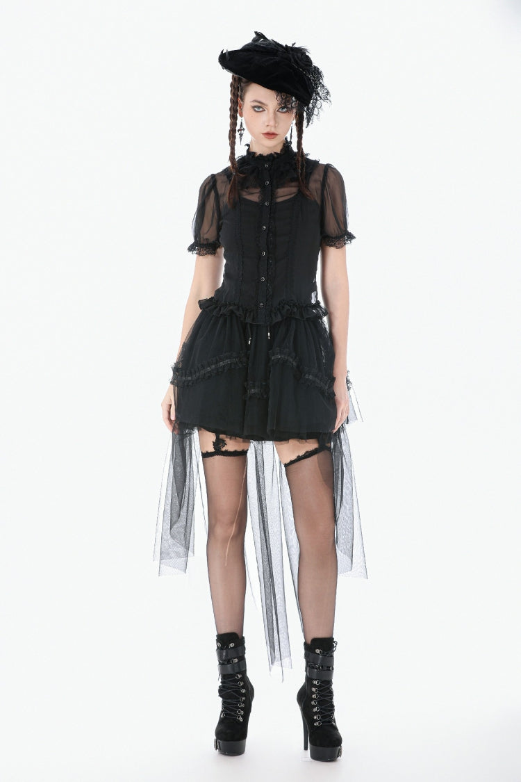 Black Multi-Layered Ruffled Lace Short Puff Sleeves Sheer Women's Courtly Gothic Blouse - Product - 5