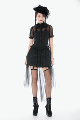 Black Multi-Layered Ruffled Lace Short Puff Sleeves Sheer Women's Courtly Gothic Blouse - Product - 5