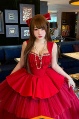 Red [Romantic Rose] Square Collar Sleeveless Ruffled Classic Ballet Lolita Dress - Product - 7