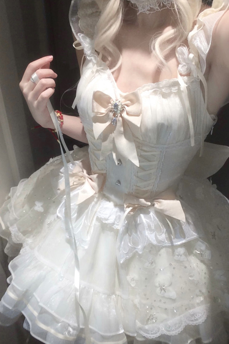 Ivory [First Love] Multi-Layered Ruffle Bowknot Lace-Up Sweet Elegant Princess Lolita Jsk Dress - Product - 4