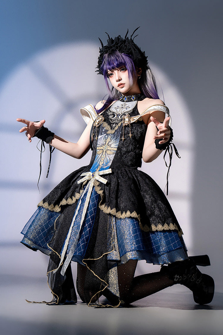 Black/Blue [Universe] Off Shoulder Halterneck Sleeveless Print Embroidery Cardigan Gothic Princess Lolita Dress - Product - 3