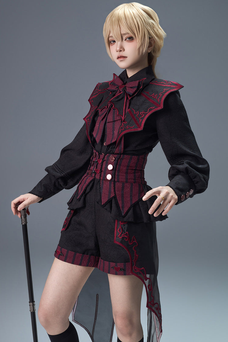 Black/Red [Demon Ritual] Stand Collar Long Lantern Sleeves Jacquard Embroidered Bow Gothic Prince Ouji Lolita Shorts Set - Black/Red(Set) - 1