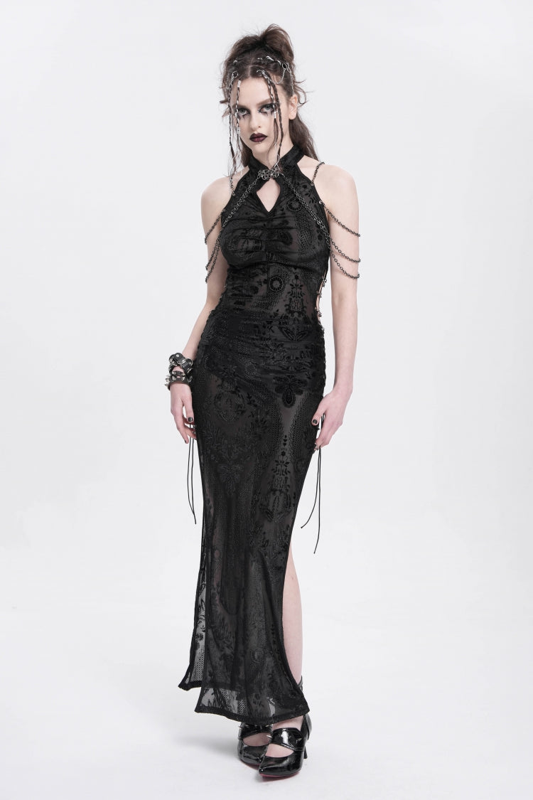 Black Halterneck Sleeveless Cheongsam Collar Side Slit Embroidery Women's Gothic Dress - Black - 1