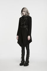 Black Lapel Collar Long Sleeves Patchwork Lace-Up Asymmetric Buckled Women's Punk Cool Coat - Product - 2