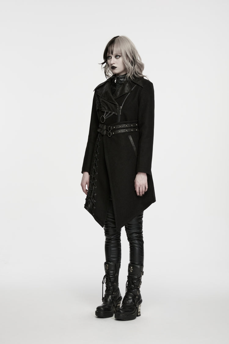 Black Lapel Collar Long Sleeves Patchwork Lace-Up Asymmetric Buckled Women's Punk Cool Coat - Product - 2