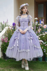 Purple Square Collar Long Sleeves Ruffle Bowknot Lace Fishbone Sweet Lolita Dress - Product - 3
