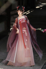 Red Long Sleeves Embroidery Sweet Tang-style Hezi Hanfu Dress Full Set - Red - 1