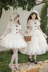 Ivory [The Oath of White Mist] Edwardian Collar Long Sleeves Multi-Layered Ruffled Bow Lace Fishbone Sweet Lolita Dress 2 Versions - Product - 5