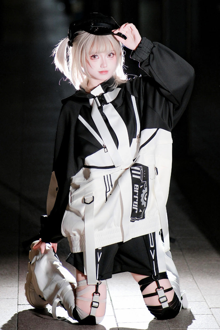 Black/White [Zero-Type Transformation] Techwear Long Sleeves Embroidered Hooded Punk Jirai Kei Shorts Coat Set - Product - 10