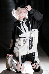 Black/White [Zero-Type Transformation] Techwear Long Sleeves Embroidered Hooded Punk Jirai Kei Shorts Coat Set - Product - 10