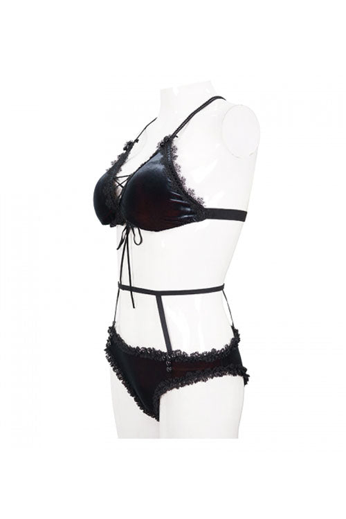 Black Red Velvet Chest Lace Up Gothic Swimsuit Suit - Product - 8
