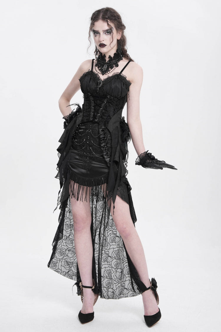 Black Embroidery Stitching Lace Mesh Women's Gothic Skirt With Train - Product - 9