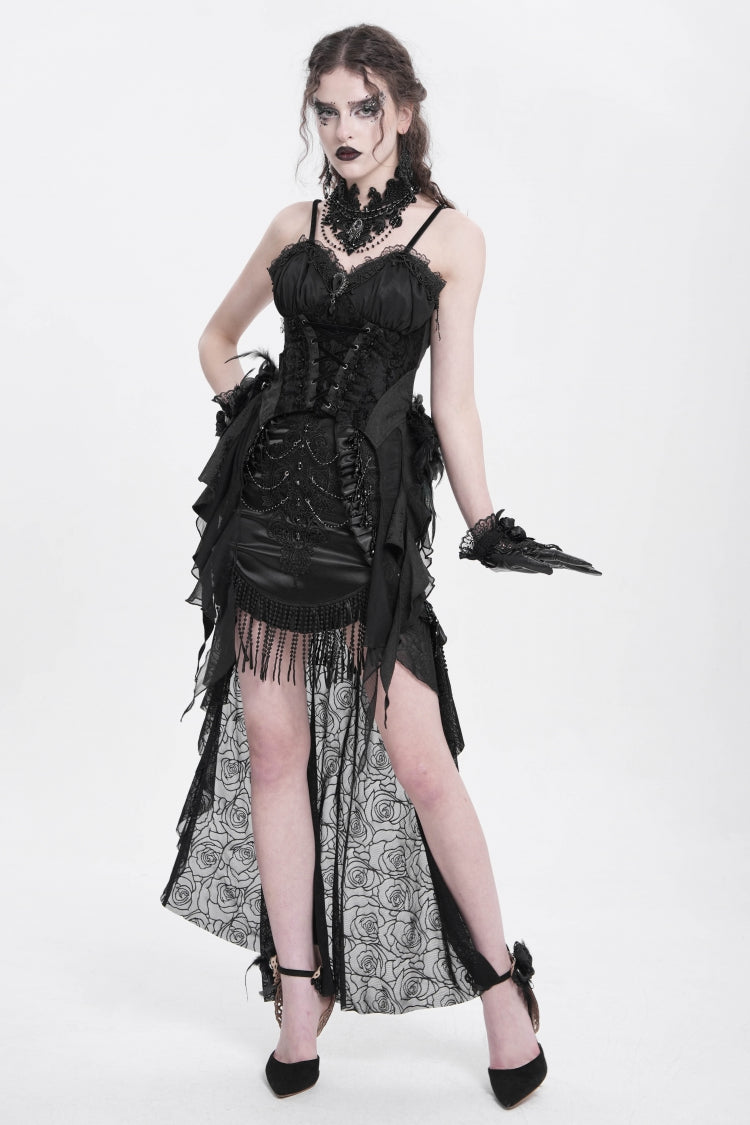 Black Embroidery Stitching Lace Mesh Women's Gothic Skirt With Train - Product - 9