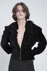 Black V Collar Long Sleeves Ruffle Stitching Lace Men's Gothic Blouse - Product - 2