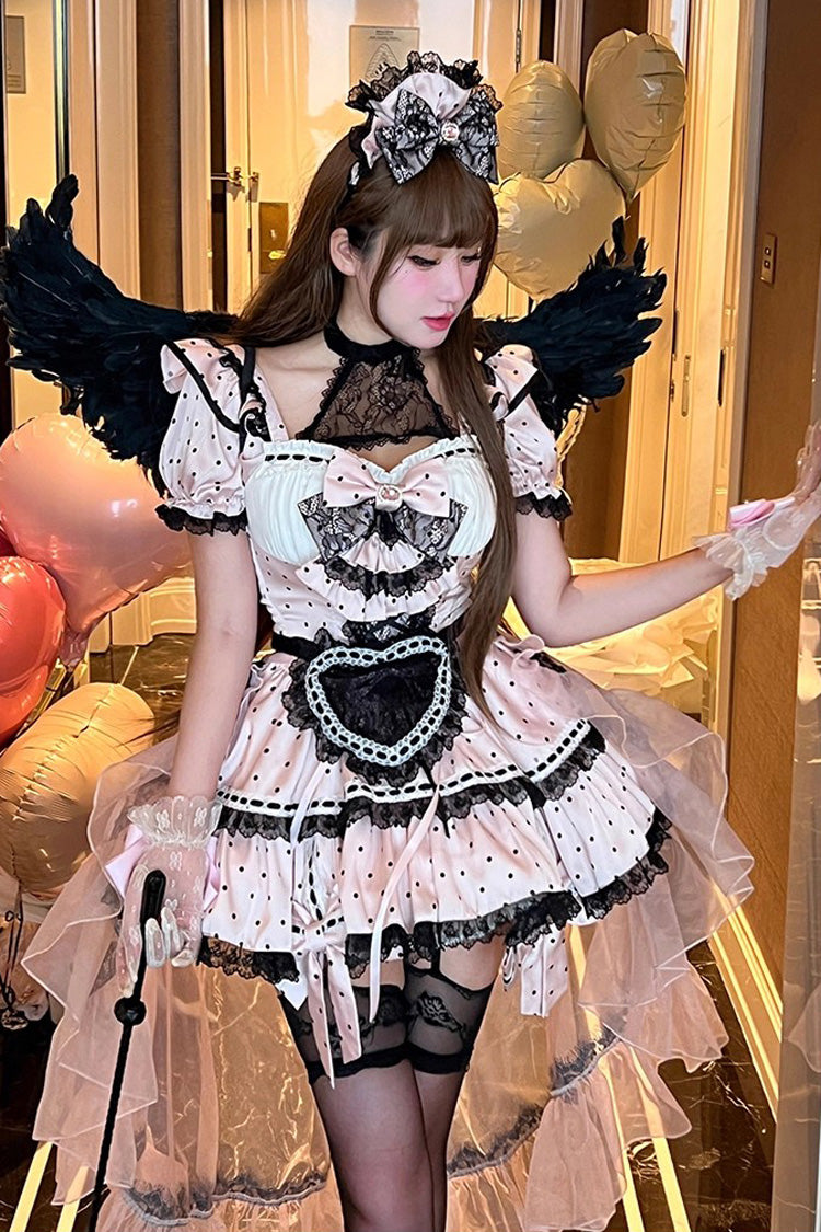 Pink [Apprentice Cupid] Halterneck Short Sleeves Print Ruffle Bowknot Lace Maid Sweet Lolita Dress - Pink - 1