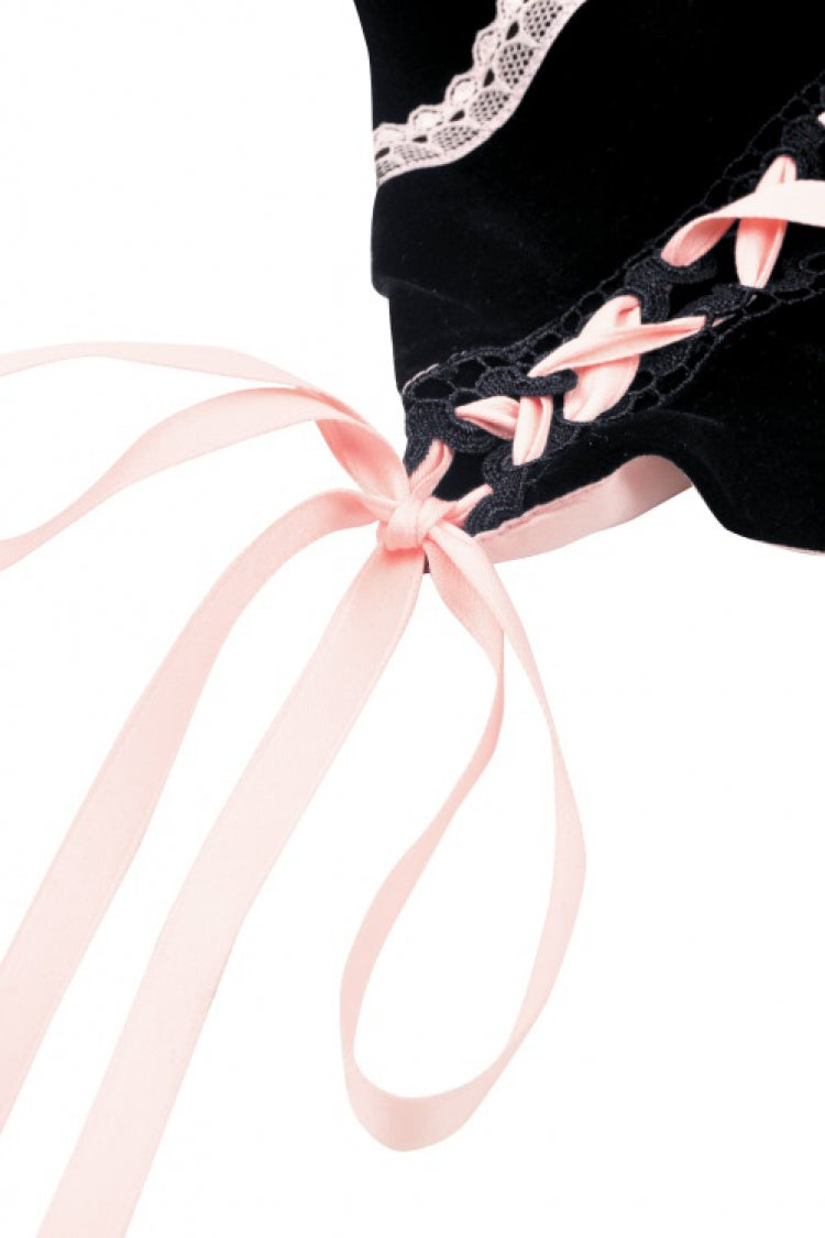 Black/Pink Lace Splice Velvet Lace-Up Women's Grunge Bustier - Product - 15