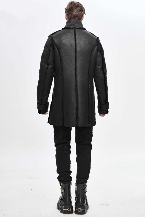 Black Winter High Collar Unedged Thick Mens Punk Coat - Product - 3