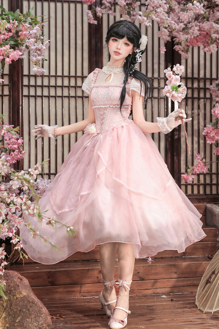 [Fragrance] Stand Collar Short Sleeves Multi-Layered Printed Ruffled Bow Lace Irregular Chinese Style Sweet Lolita Dress 2 Colors (Green, Pink) - Product - 11
