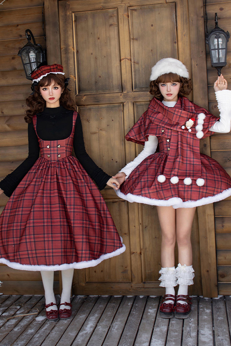 Red Striped Plaid Print Fall Winter Fishbone Sweet Corset Lolita Dress 2 Versions - Product - 2