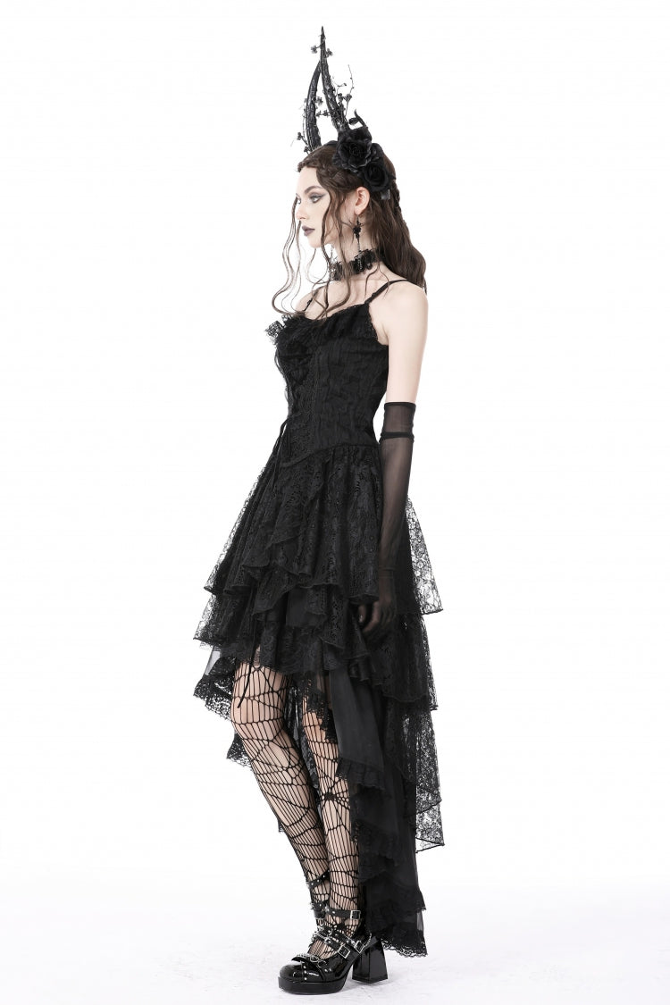 Black Sleeveless Irregular High Low Multi-Layered Lace Lace-Up Women's Gothic Slip Dress - Product - 4