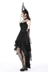 Black Sleeveless Irregular High Low Multi-Layered Lace Lace-Up Women's Gothic Slip Dress - Product - 4