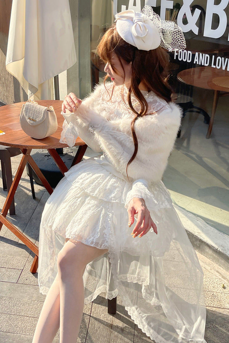 White [First Snow] Long Sleeves Lace Irregular Sweet Lolita Skirt Three-piece Set - Product - 5