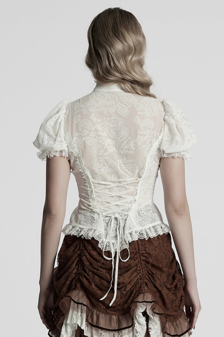 White Stand Collar Long Puff Sleeves Jacquard Lace Women's Gothic Blouse - Product - 3