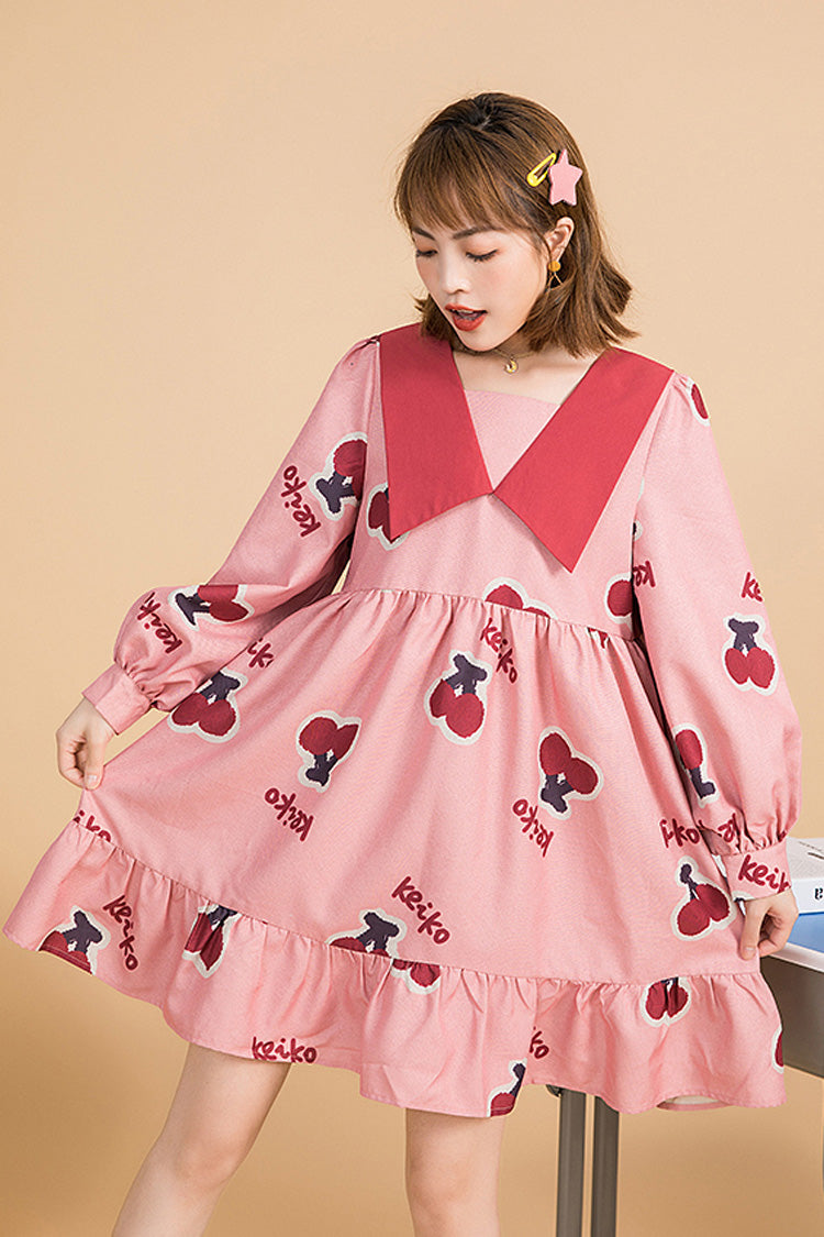 Pink Lapel Collar Long Sleeved Cherry Print Stitching Bowknot Ruffled Slimming Sweet Lolita Dress - Product - 4
