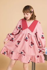 Pink Lapel Collar Long Sleeved Cherry Print Stitching Bowknot Ruffled Slimming Sweet Lolita Dress - Product - 4