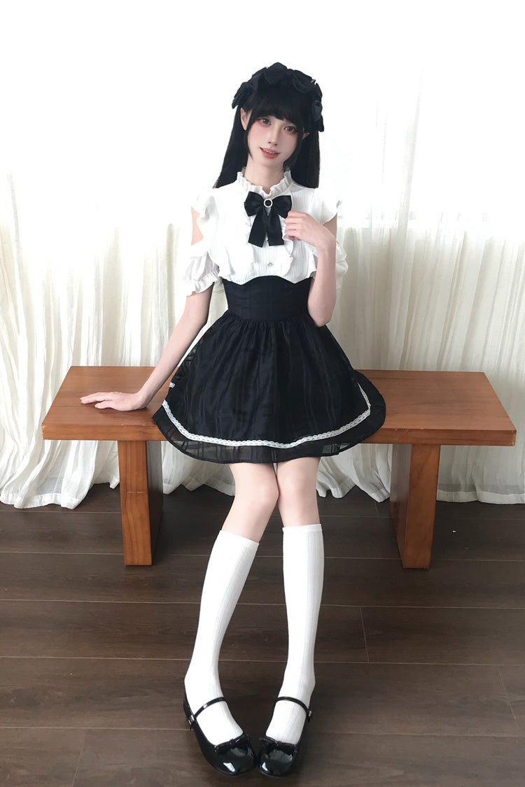 Black/White [Moonlit Poem] Stand Collar Off Shoulder Short Sleeves High Waisted Ruffled Bow Lace Sweet Princess Lolita Dress - Product - 4