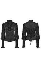 Black Stand Collar Lace Long Sleeves Ruffle Hollow Womens Gothic Blouse - Product - 7