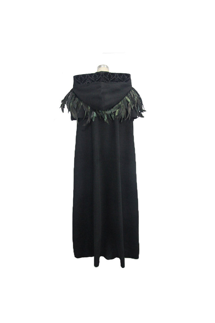 Black Detachable Feather 3D Ribbons Decorated Woollen Hooded Women's Gothic Cape - Product - 6