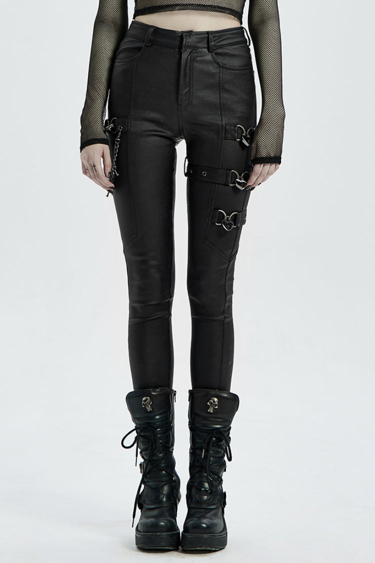 Black Faux Leather Metal Love Lock Buckles Women's Steampunk Pants - Black - 1