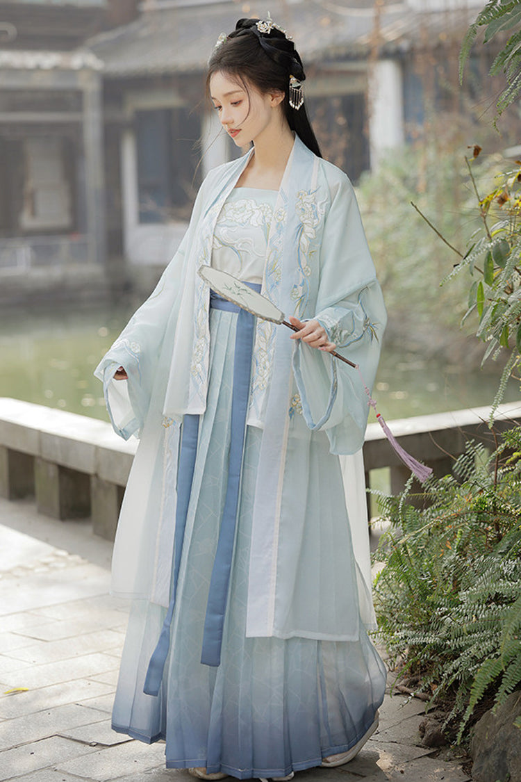 White/Blue [Auspicious Clouds] Long Sleeves High Waisted Ombre Embroidered Women's Classic Hanfu Dress Set - Product - 4
