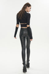 Black Ruched Strap Splice Mesh Long Sleeves Women's Gothic Shirt - Product - 5