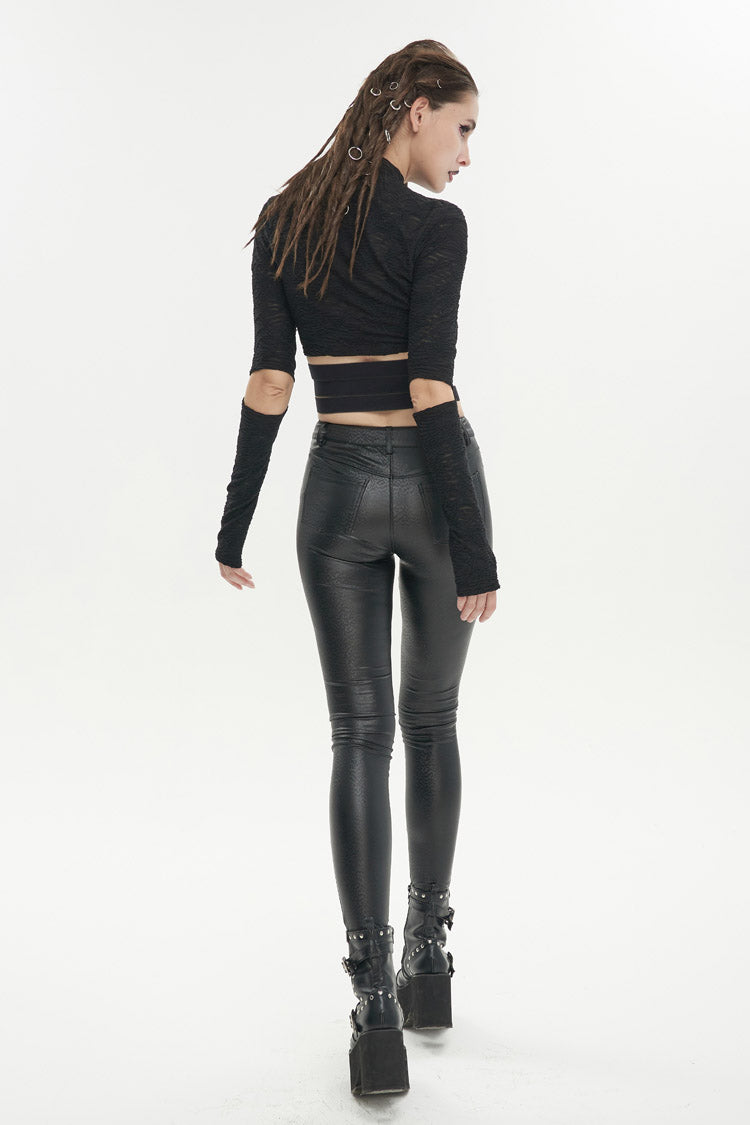 Black Ruched Strap Splice Mesh Long Sleeves Women's Gothic Shirt - Product - 5