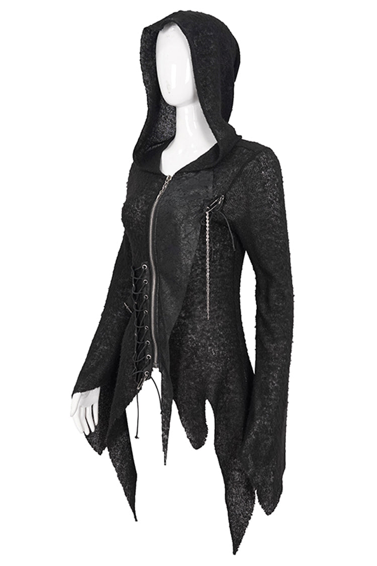 Black Vintage Hooded With Leather Details Women's Punk Jackets - Product - 6