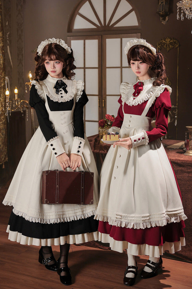 [Miss Lita] Stand Collar Long Lantern Sleeves Triple-Layered Ruffled Classic Elegant Maid Lolita Dress 2 Colors (Red, Black) - Product - 4