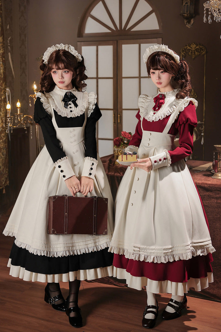 [Miss Lita] Stand Collar Long Lantern Sleeves Triple-Layered Ruffled Classic Elegant Maid Lolita Dress 2 Colors (Red, Black) - Product - 4